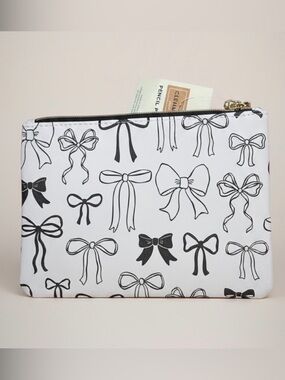 Clementine Black & White Bow Print Zip Pencil Pouch NWT